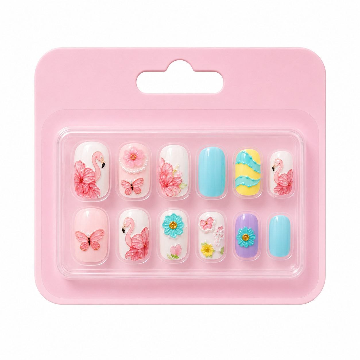 3D flamingo press-on nails with pink flamingo accents