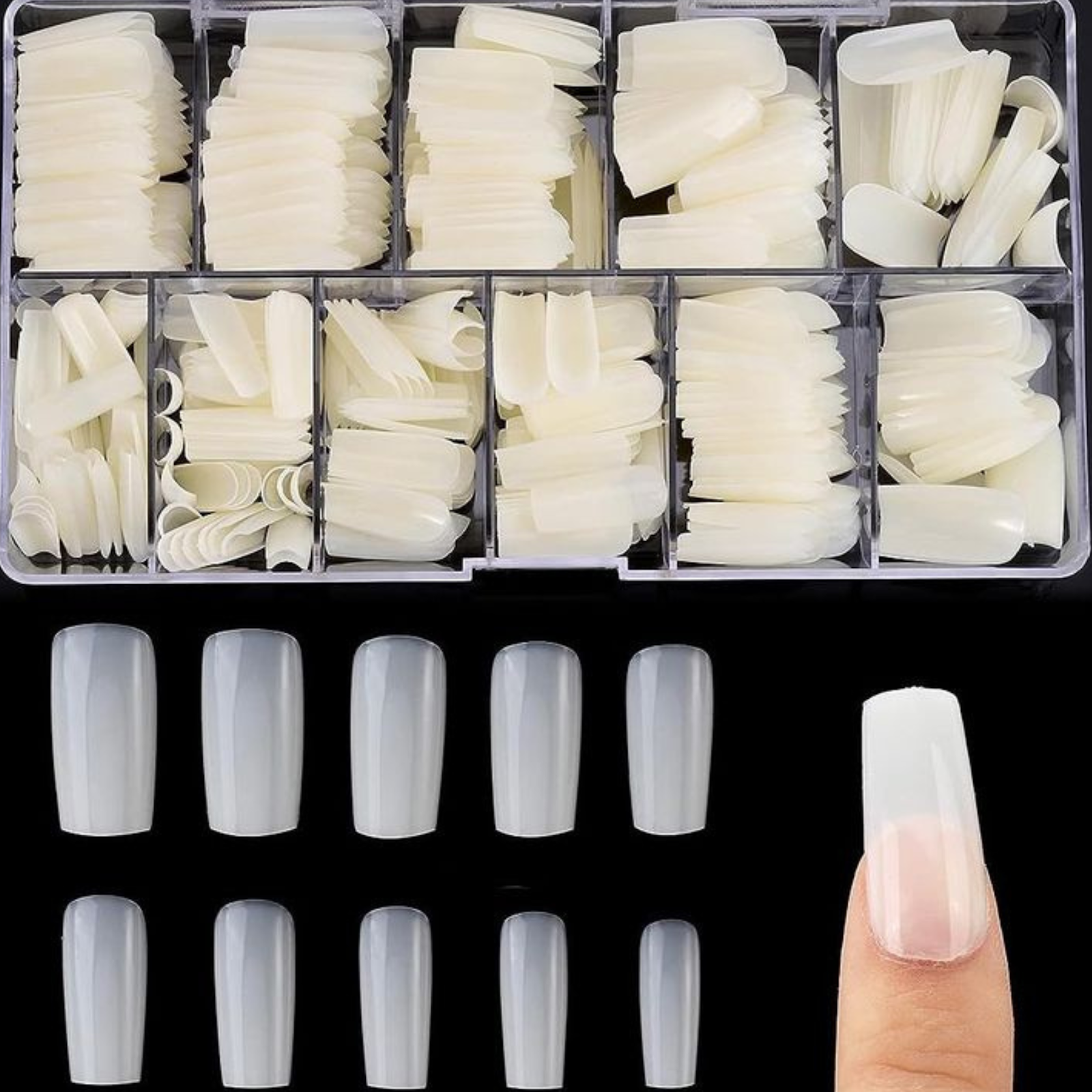 White square nails displayed in set
